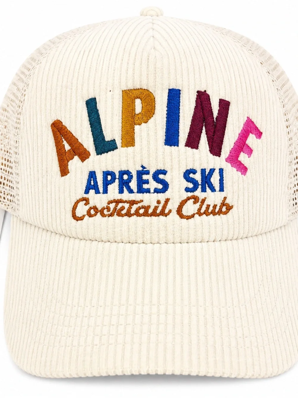 Alpine Après Ski Cocktail Club  Cream Embroidered Corduroy Cap
